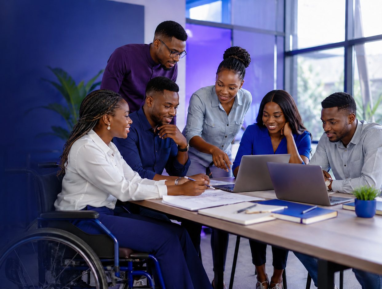 A diverse group of young professionals, including a wheelchair user, working together around a table