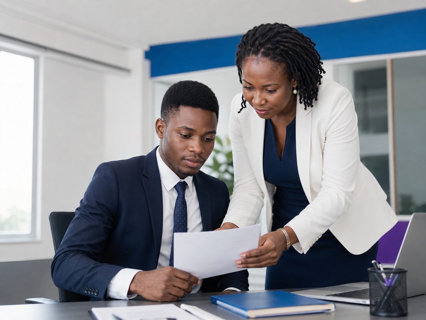 A mentor reviewing a document with a young professional in an office