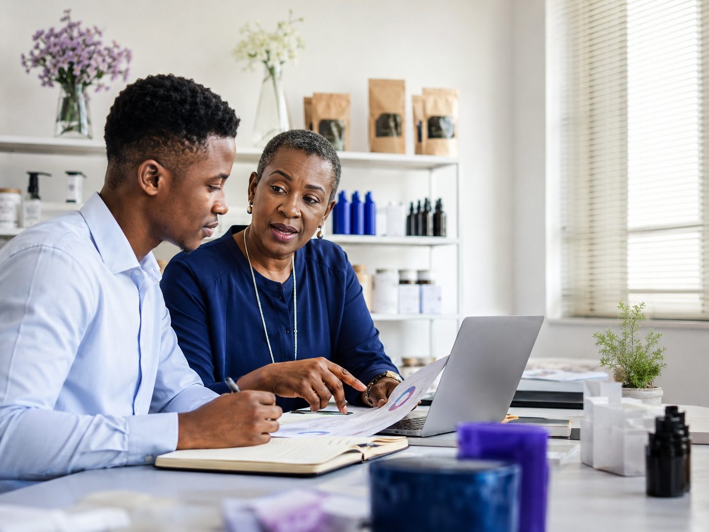 A business mentor coaching a young entrepreneur in a small shop